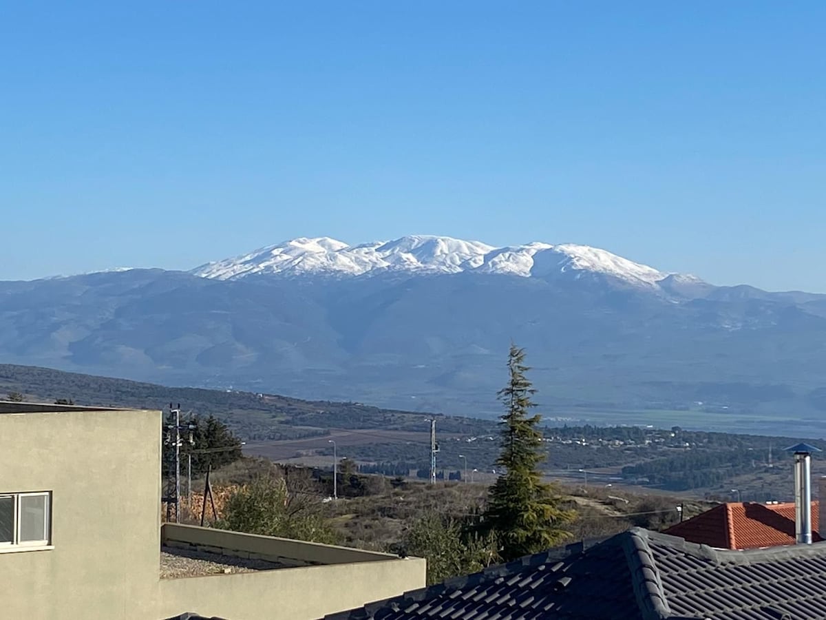 A scenic view showcases the snow-capped peaks of a mountain range in the distance, framed by a clear blue sky. Rolling hills and valleys are visible below, adding depth to the landscape. The foreground includes sections of rooftops and greenery.