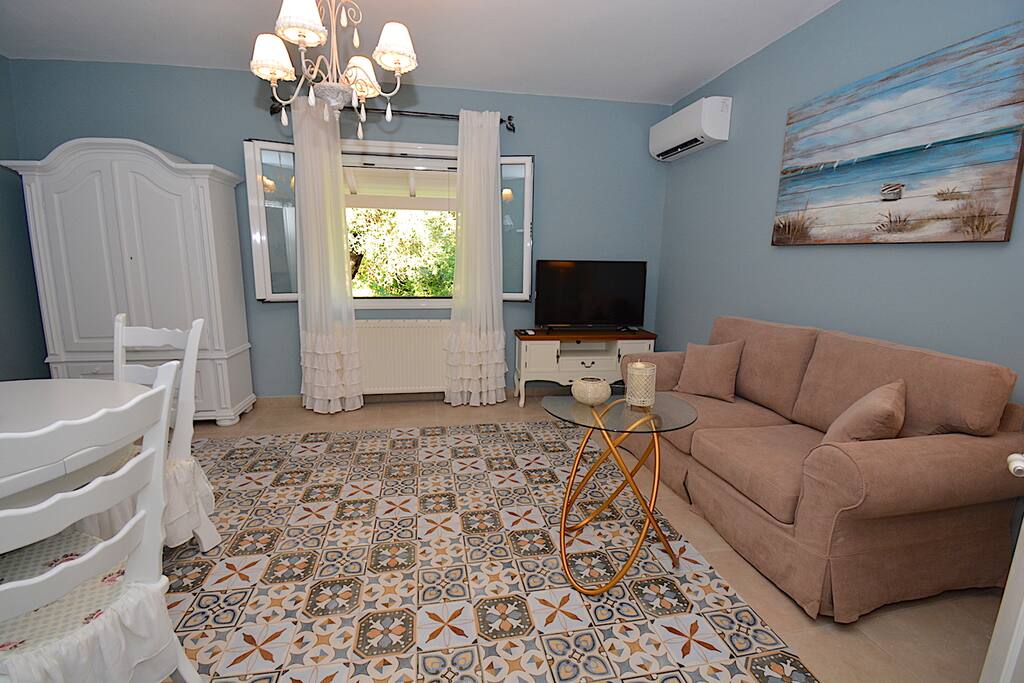 Living area with sofa that turns into a single bed.