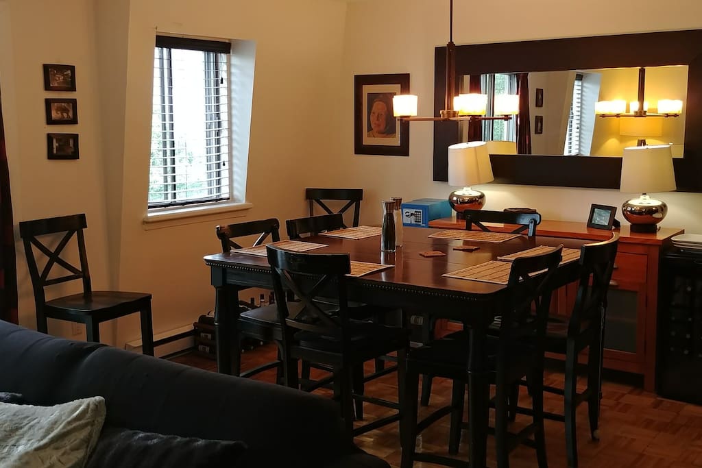 dining room seats 8 easily, have seating for 12 (and dishes for that many too!)