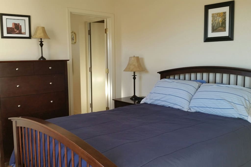Comfy Queen size bed view from common room.