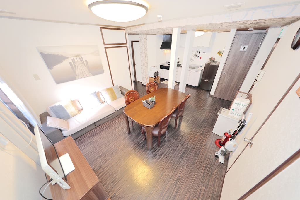 big living room with kitchen