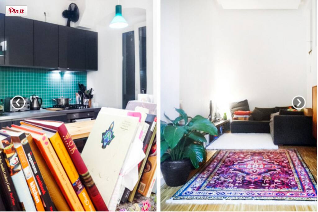 Kitchen with gas hob | Living room with sofa & turkish rug