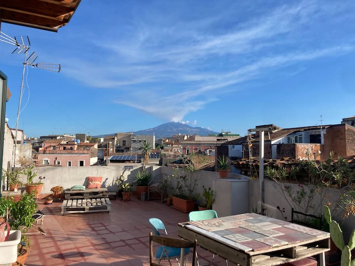 Stanza Catania Centro terraza con vistas al Etna Departamentos en