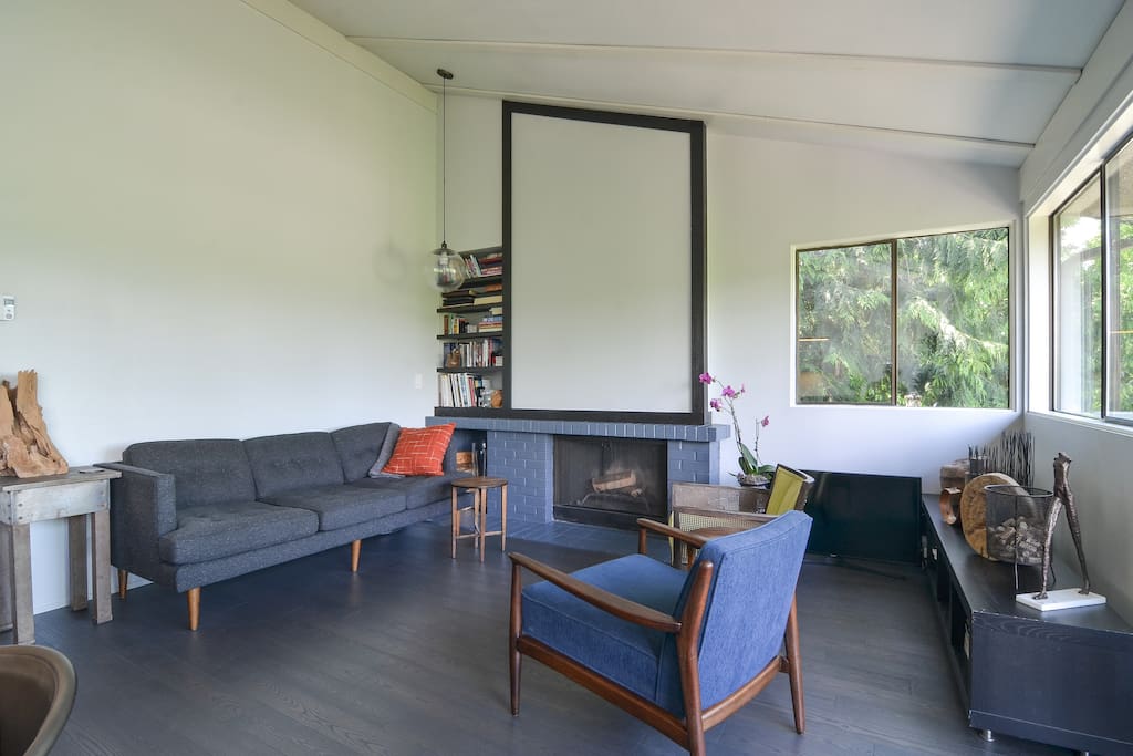 Living area with real wood burning fireplace