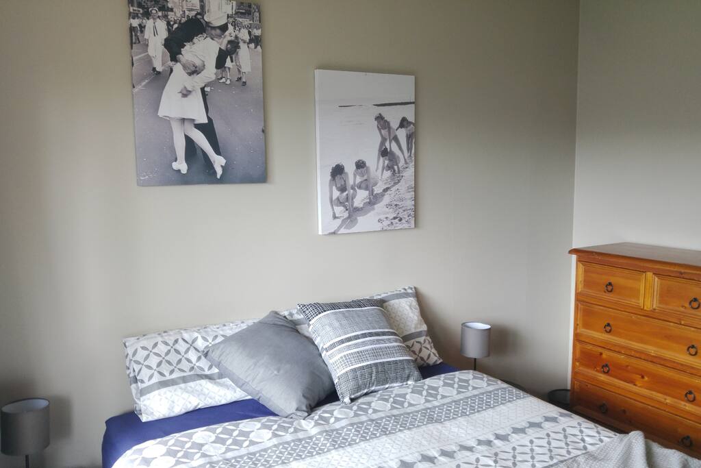 Queen Bed, drawers and closet.