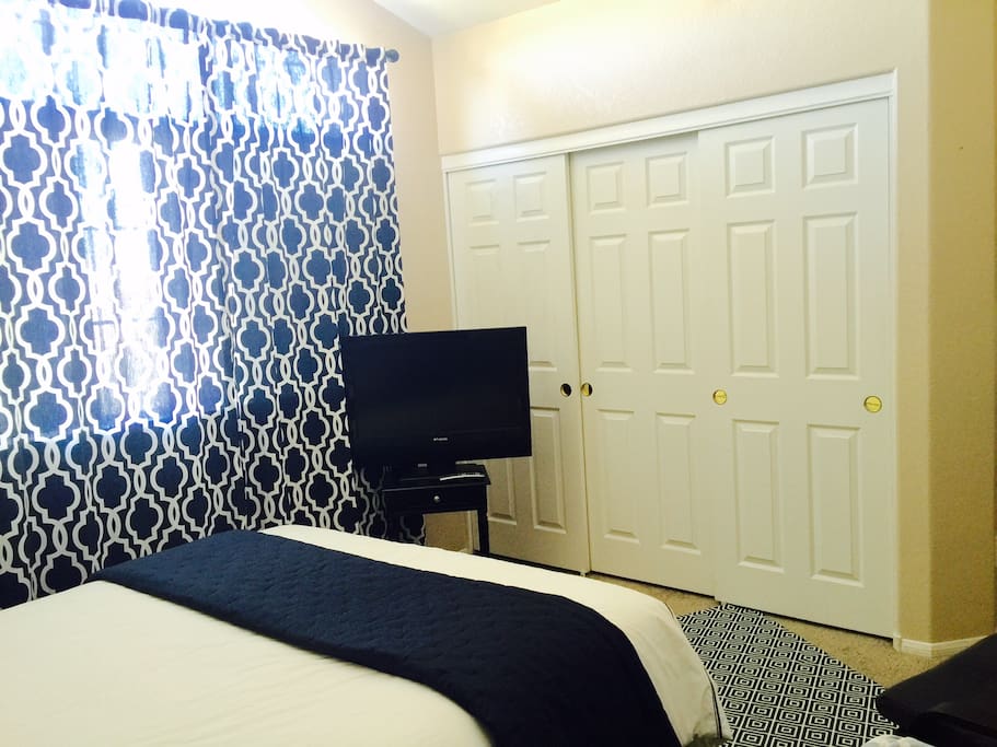 Closet for suitcases, Hangers for clothes, TV and DVD Player.
