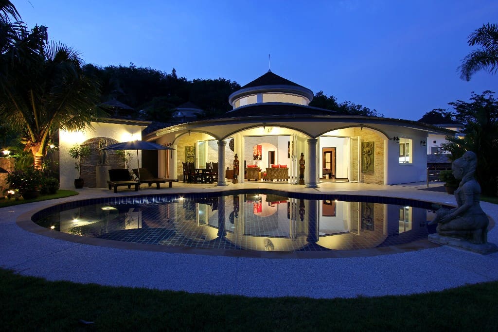 Front view of your villa at sunset