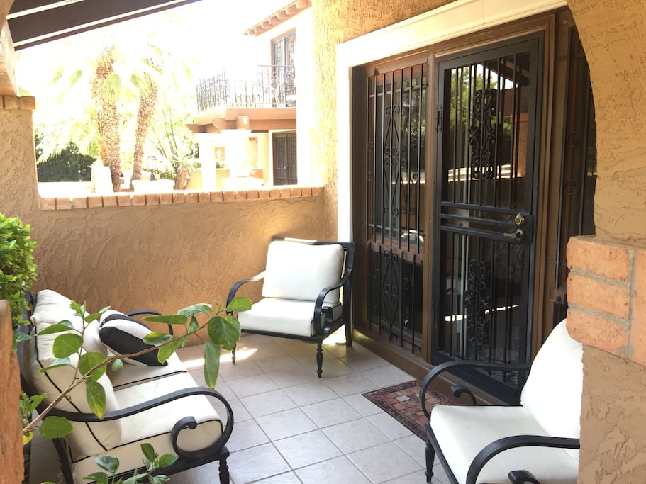 This is your personal Covered Patio & PRIVATE ENTRANCE (you need never enter the main house!). It gets morning sun on the patio; it is a lovely retreat in the afternoon.