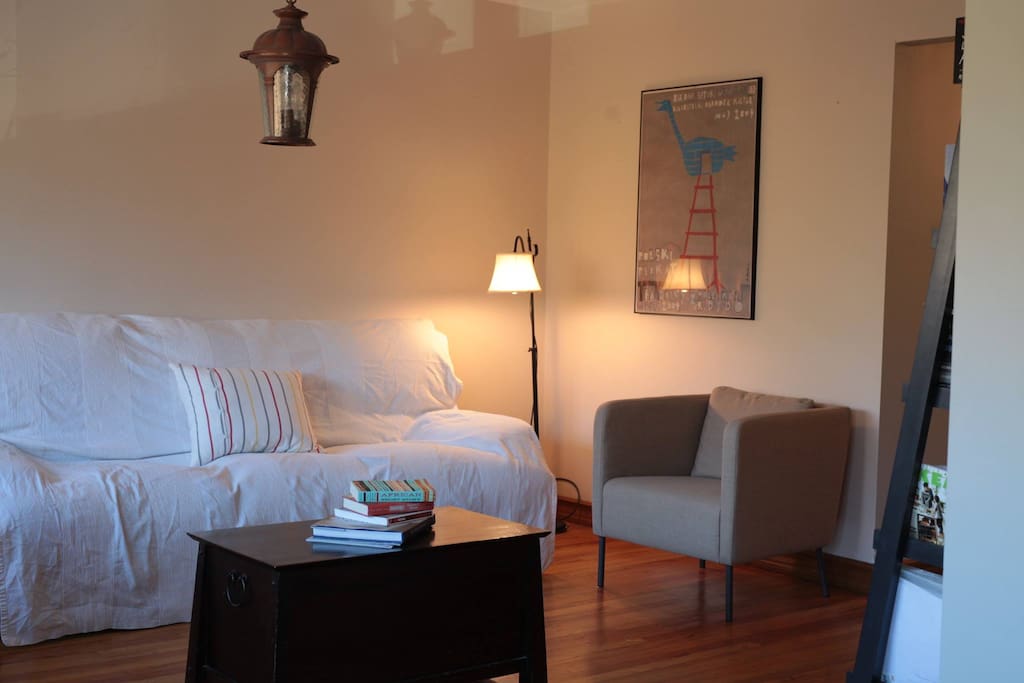 Clean spacious lounge with wooden floors and park view
