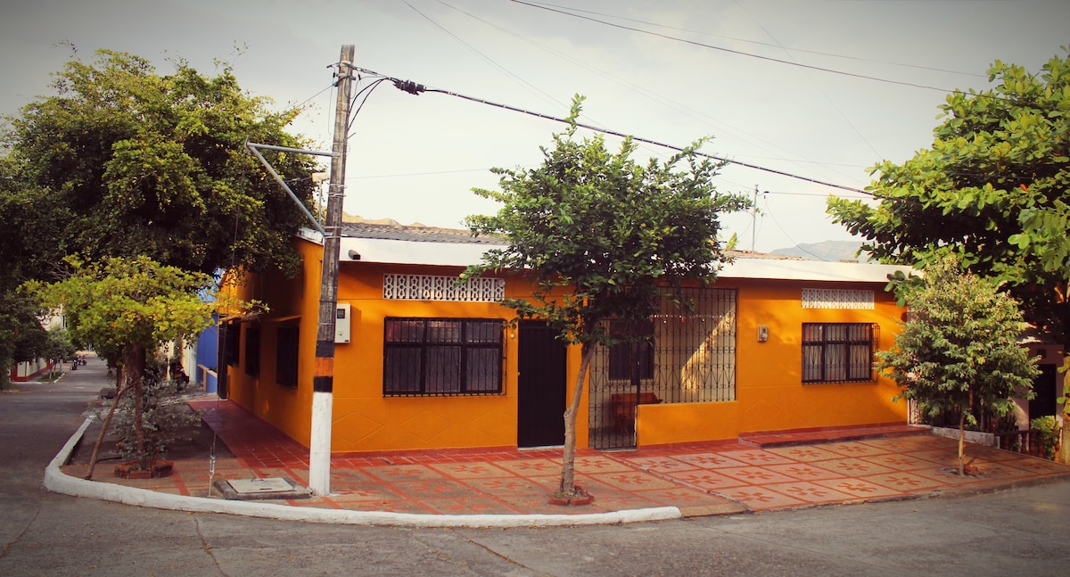 A bright orange building is featured at the corner of a street, framed by lush green trees. The façade includes several windows with black bars, and the patterned tiled walkway leads up to the entrance, creating an inviting outdoor space.