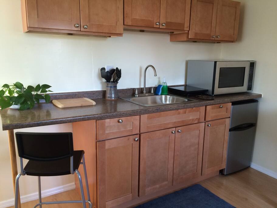 Fully equipped kitchen with toaster, tea kettle, convection MW, induction hot plate, freezer/fridge.