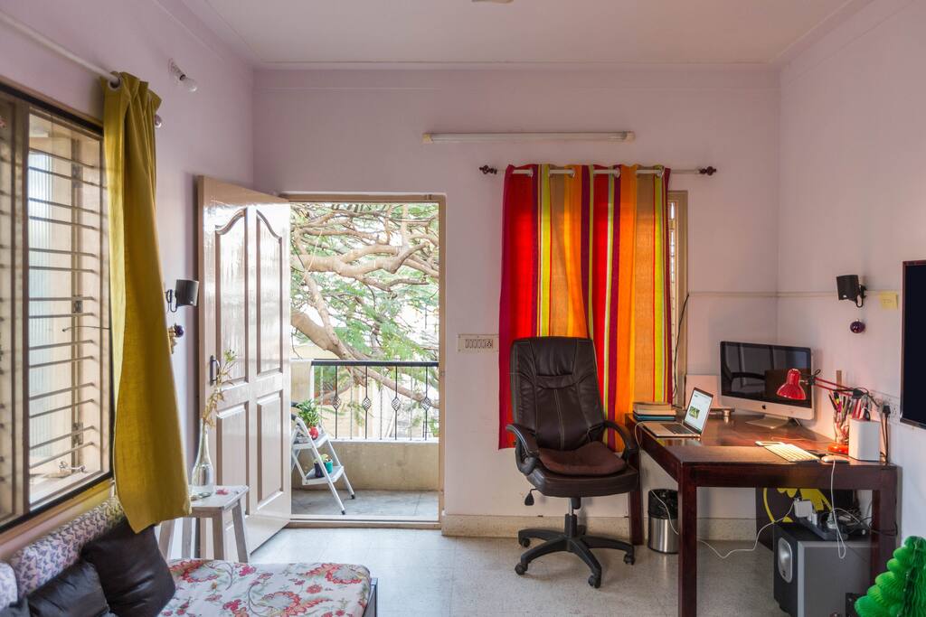 Comfortable solid wooden work desk. Terrace is perfect for morning coffee