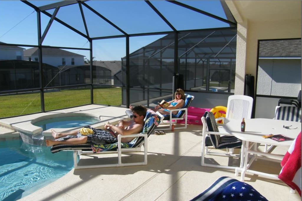 Large south facing pool area with gas BBQ, safety fence and Lanai.