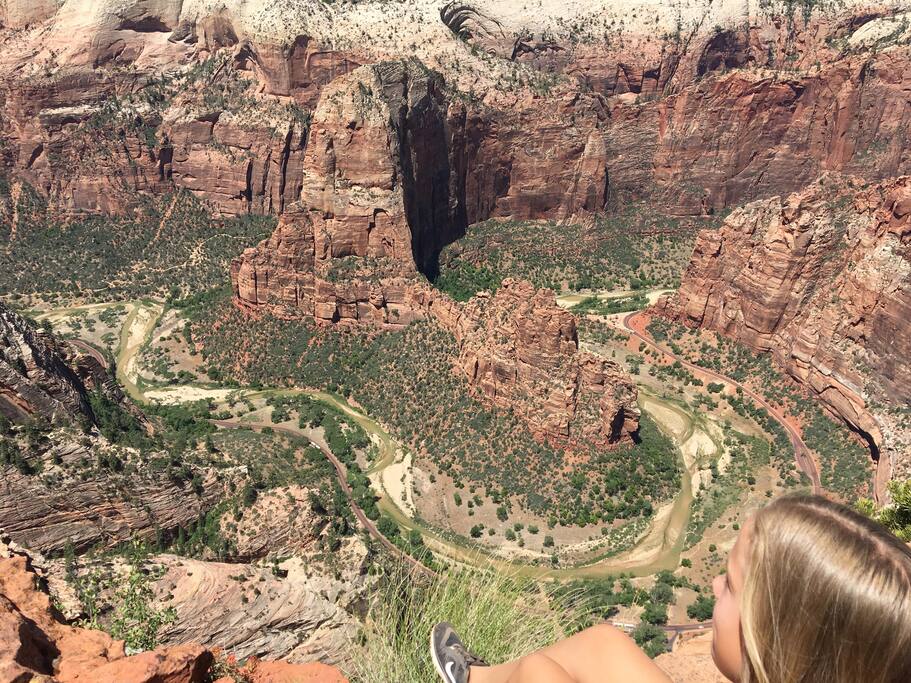 My daughter looking down on Angel's Landing from cable mountain. This view is a 3.7 mile walk from the cabin, with Jo need to drive anywhere.