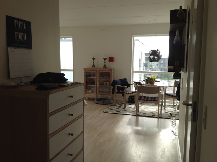 View from the hall way towards the living room and kitchen area
