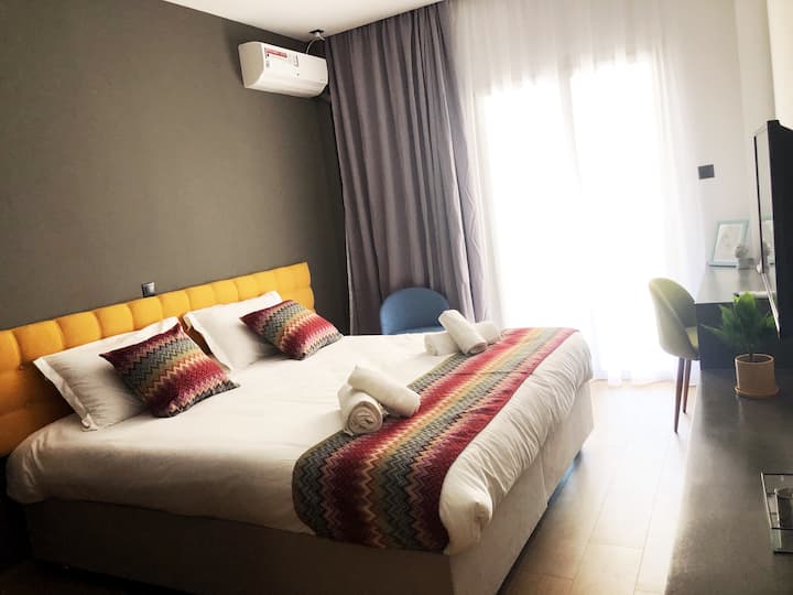 comfy king size double bed 1,80*2,00 that can be after request two single beds 0,90*2,00.