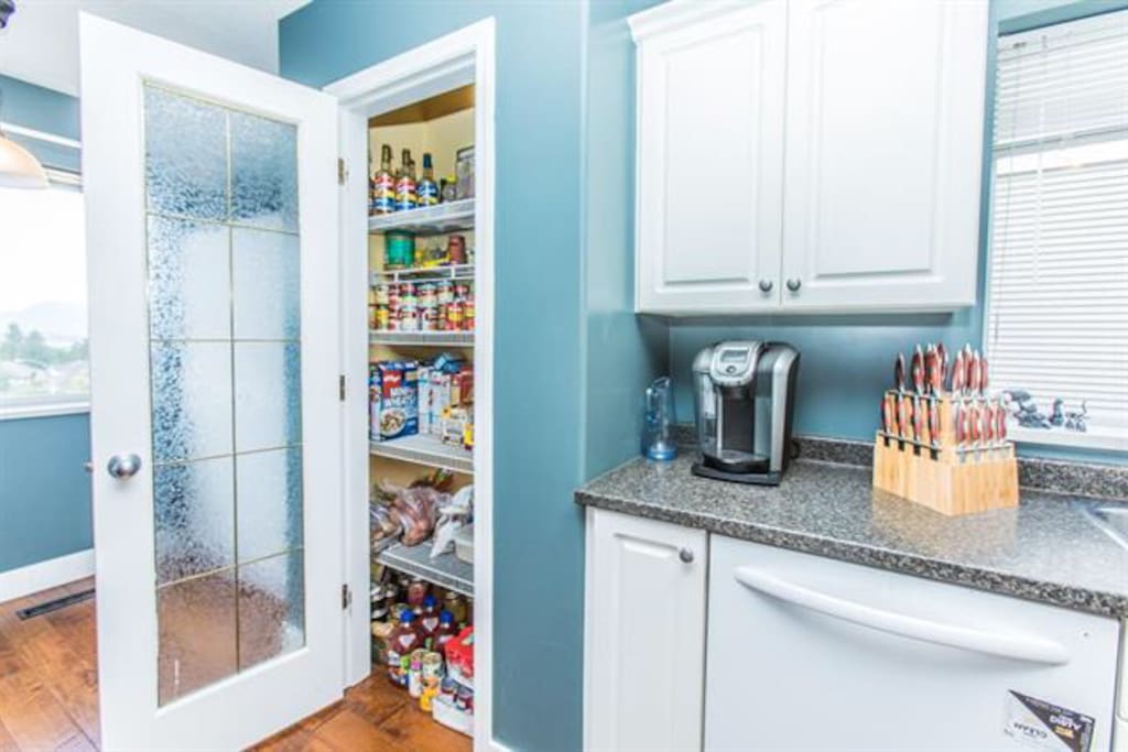 Help yourself to Kraft dinner, Zoodles, Tuna, coffee, tea, and basic condiments like sugar, salt, and ketchup.