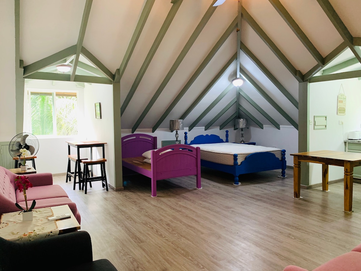 The spacious studio features high, slanted ceilings with exposed beams. A large bed with a blue headboard is complemented by two purple beds. Various seating options include a small table and chairs, along with a cozy sofa. Natural light enters through the window overlooking greenery.