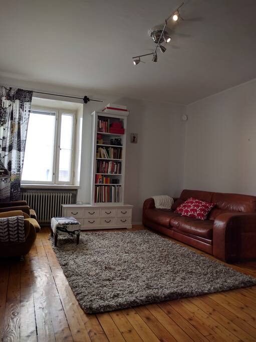 The living room with a thick woolen rug and gracious Italian Incanto leather sofa.