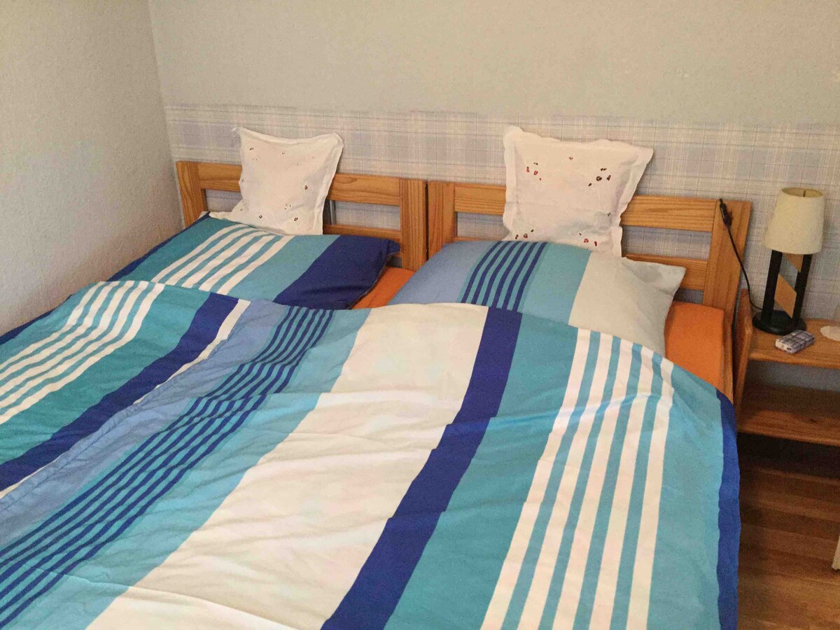 2 מיטות בחדר השינה עם שמיכה אחת וכרית אחת