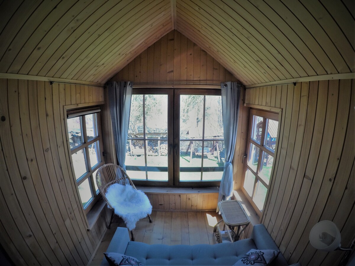 A wooden interior features a high, angled ceiling and large windows that offer views of the garden outside. A comfortable grey sofa is positioned in the foreground, complemented by a woven chair with a soft throw. Natural light fills the space, creating a warm ambiance.
