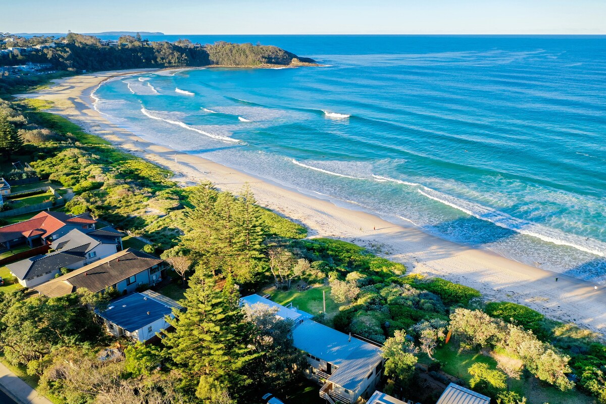 An aerial view captures the sandy expanse of Mollymook Beach, where gentle waves interact with the shore. Lush greenery and coastal homes line the beach, providing a serene backdrop. The horizon showcases a clear blue sky, enhancing the tranquil beach setting.