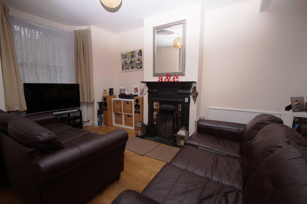 Lounge area with working open fire.