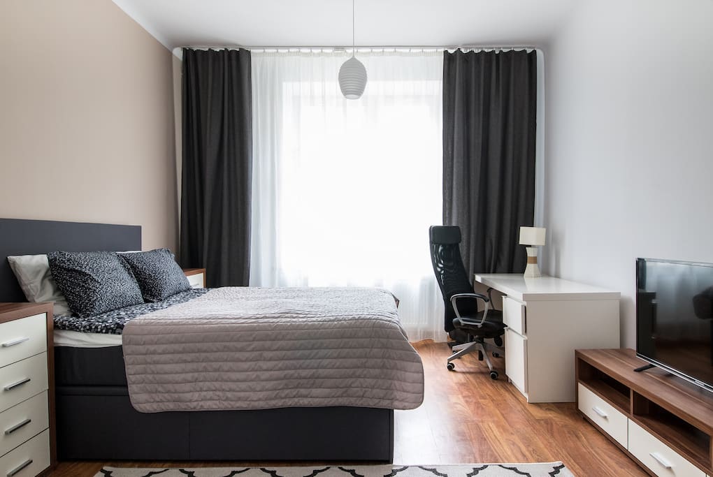 Room 1 - double bed with hotel quality matress, tv, desk and wardrobes