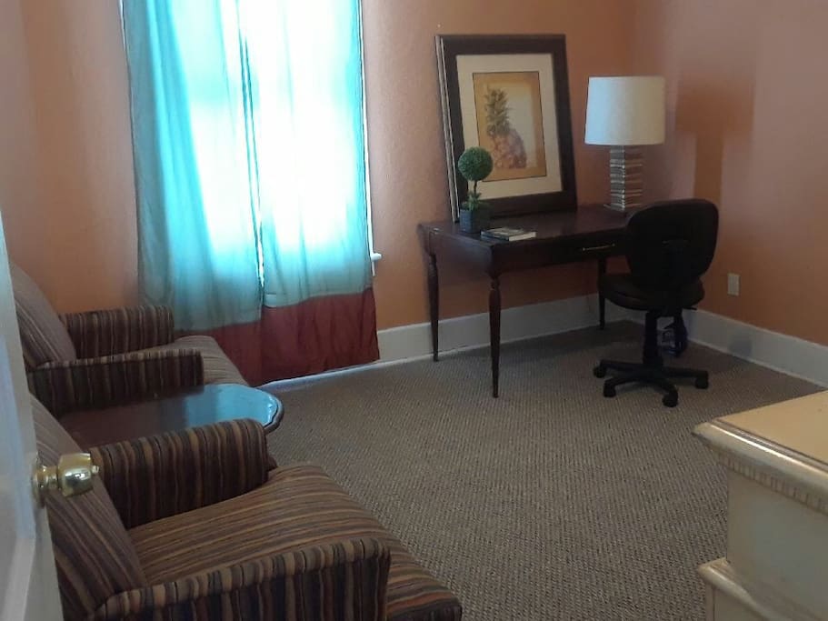 Small sitting room connected to bedroom can accommodate a third guest with extra charge. Both accessible with keyed-lock entry.