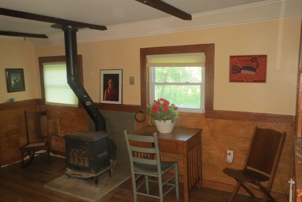 Yutol woodstove, desk faces east, lovely view