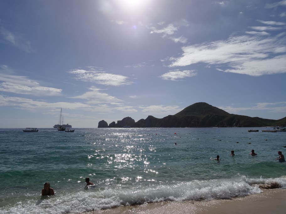 Beach in front of the resort, views of Los Arcos.