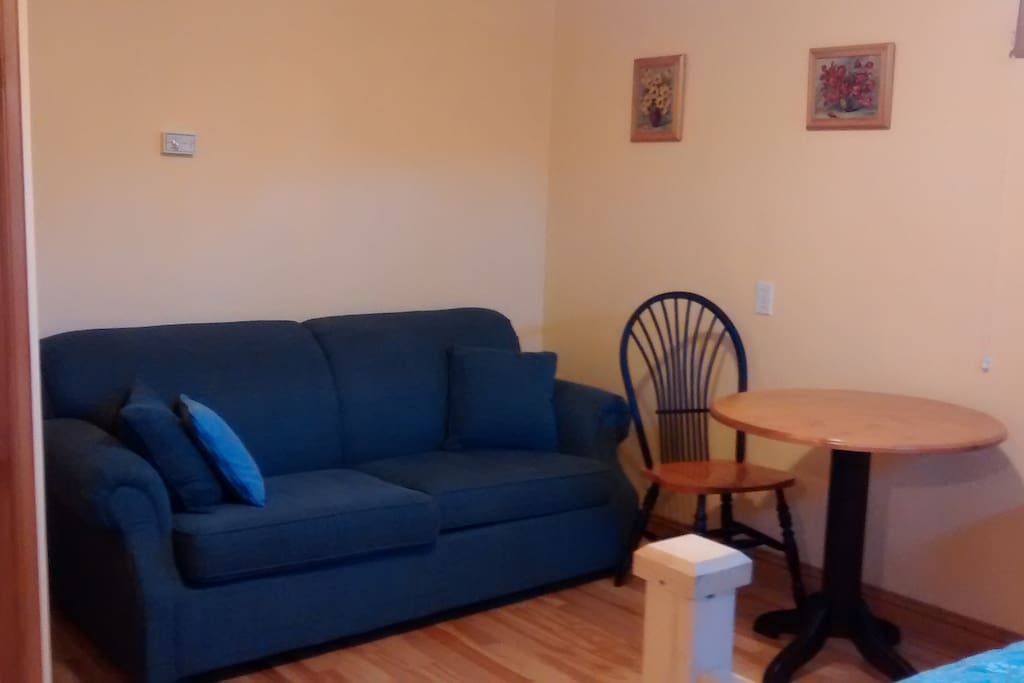 Pull out couch and table with chair in room.