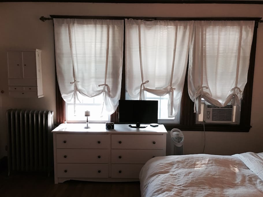 Dresser, vanity beauty cabinet, windows, plenty of storage, air purifier, heater.
