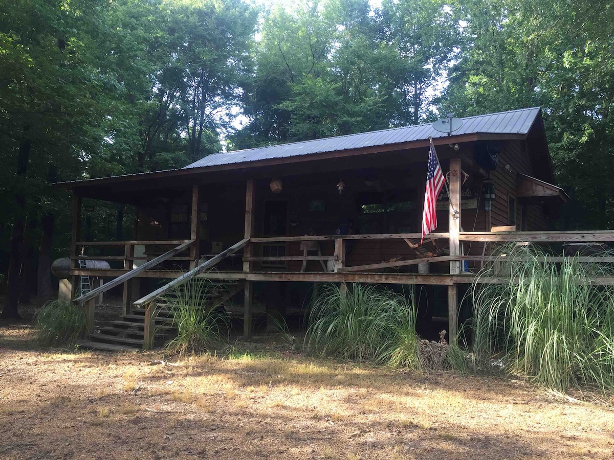 A rustic cabin is nestled among lush greenery, featuring a spacious wooden porch with railings. An American flag is displayed prominently, and natural landscaping surrounds the entrance, enhancing the cabin's connection to the outdoors.