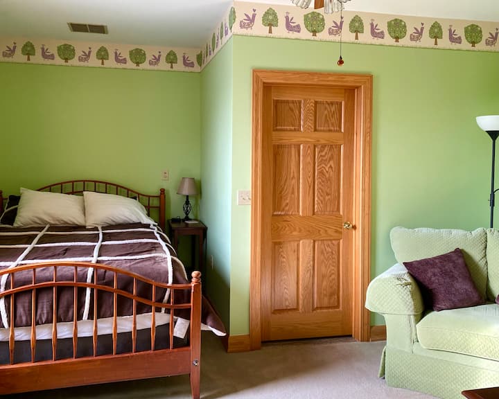 The Family Suite with a Queen Bed. The “Green Room.”