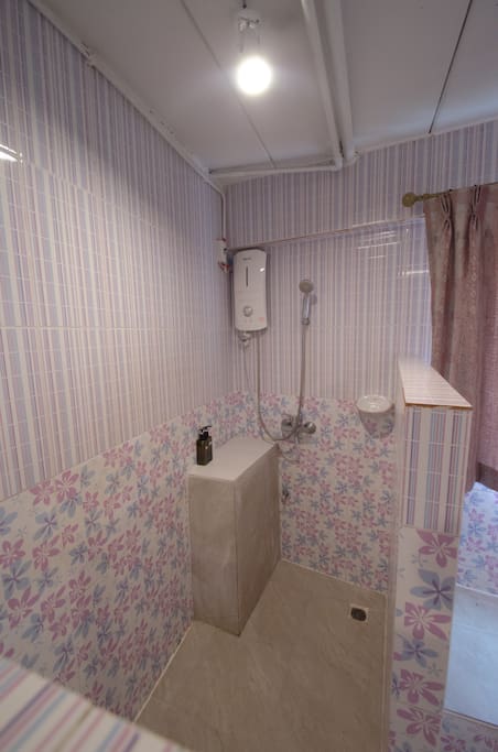 Shower area + shampoo + soap