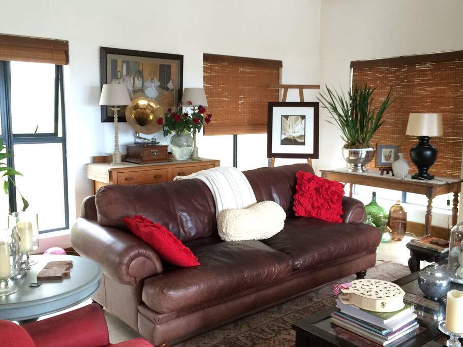 living room with fireplace and full dstv - view on ocean and mountain. beautiful decorated