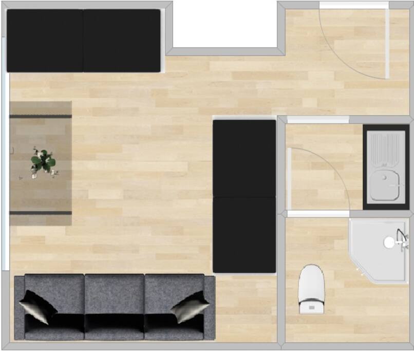 1 room with 3 beds bathroom and mini kitchen.