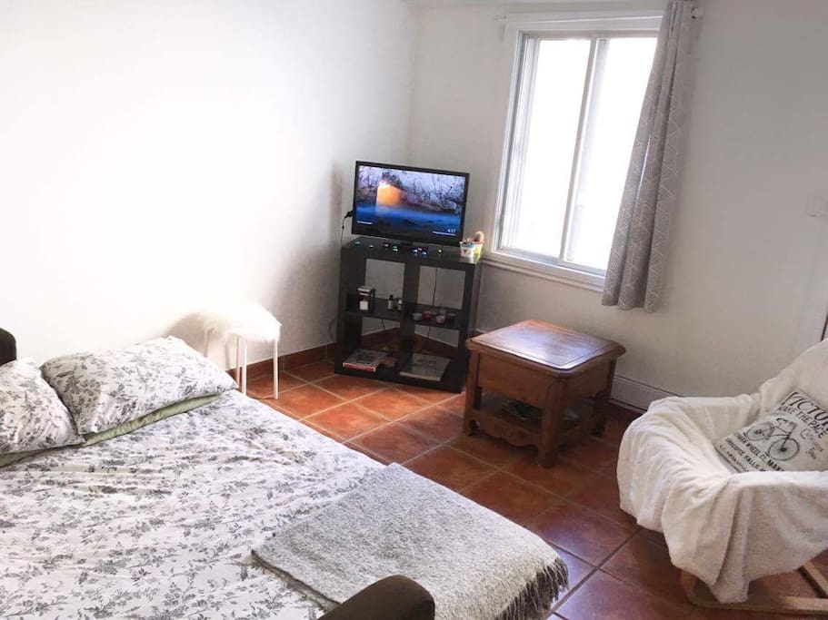 Le canapé lit double est très confortable avec un sur matelas en plus.