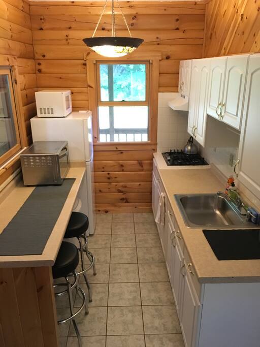 Efficiency kitchen with full fridge, range, microwave and oversized toaster oven.