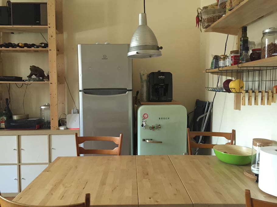 fridge, lavazza coffee machine