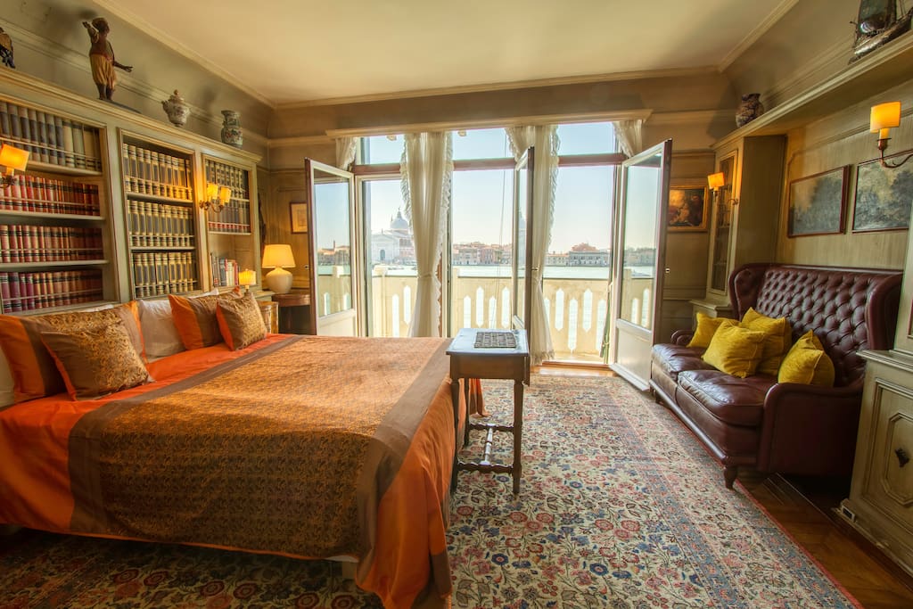 The master bedroom facing the Giudecca Canal with the Redentore church view.