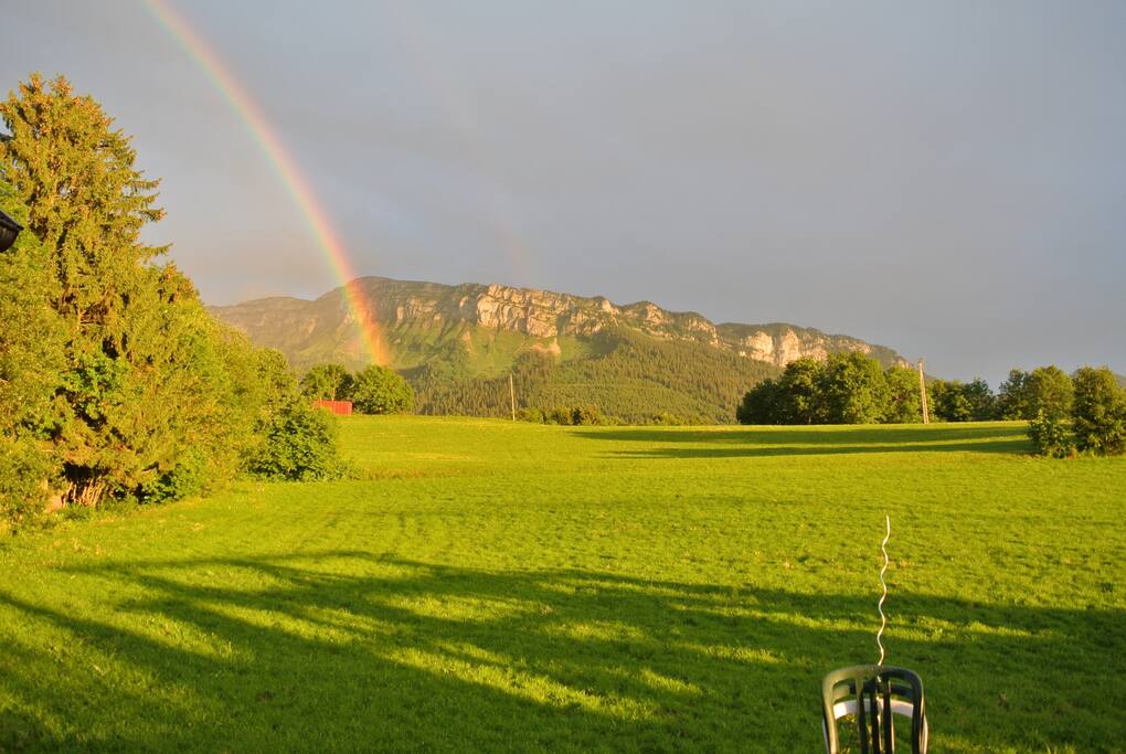 la vue champêtre plein sud depuis la terrasse , la cuisine, la véranda salon et la chambre