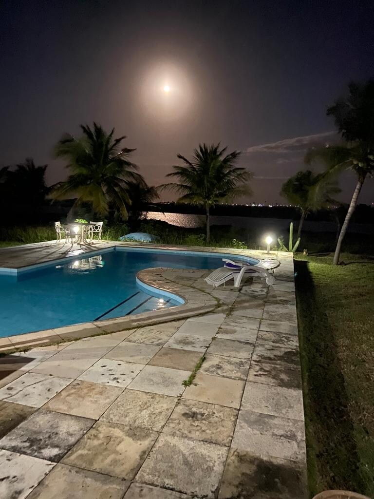 A serene pool area is illuminated by soft lighting, surrounded by lush palm trees. The moonlight reflects off the water, creating a calm ambiance. The stone patio leads to the pool, which appears inviting against the backdrop of the night sky.