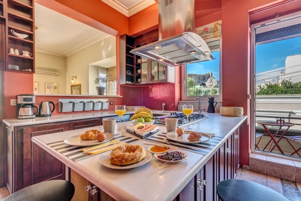 The kitchen with a view to the Acropolis & the Parthenon