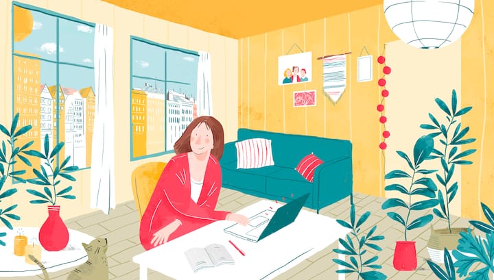 illustration of woman with laptop in an appartment