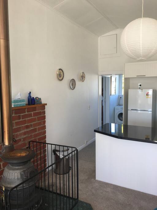 Potbelly stove and kitchen
