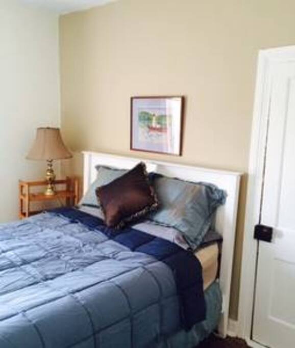 Blue guest room.