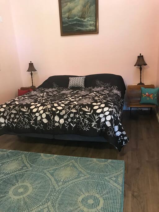 King size bed in sleeping alcove