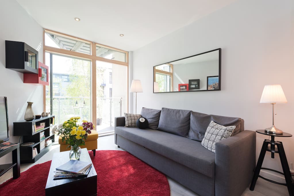 Living room, new 3 seater sofa bed, radiant and soft carpet to enjoy a good movie.